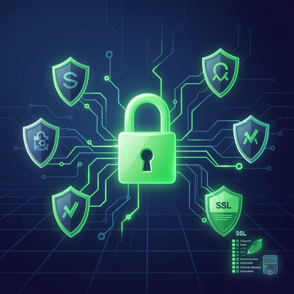 Illustratie van een SSL-certificaat met een centraal hangslot en beveiligingsschilden