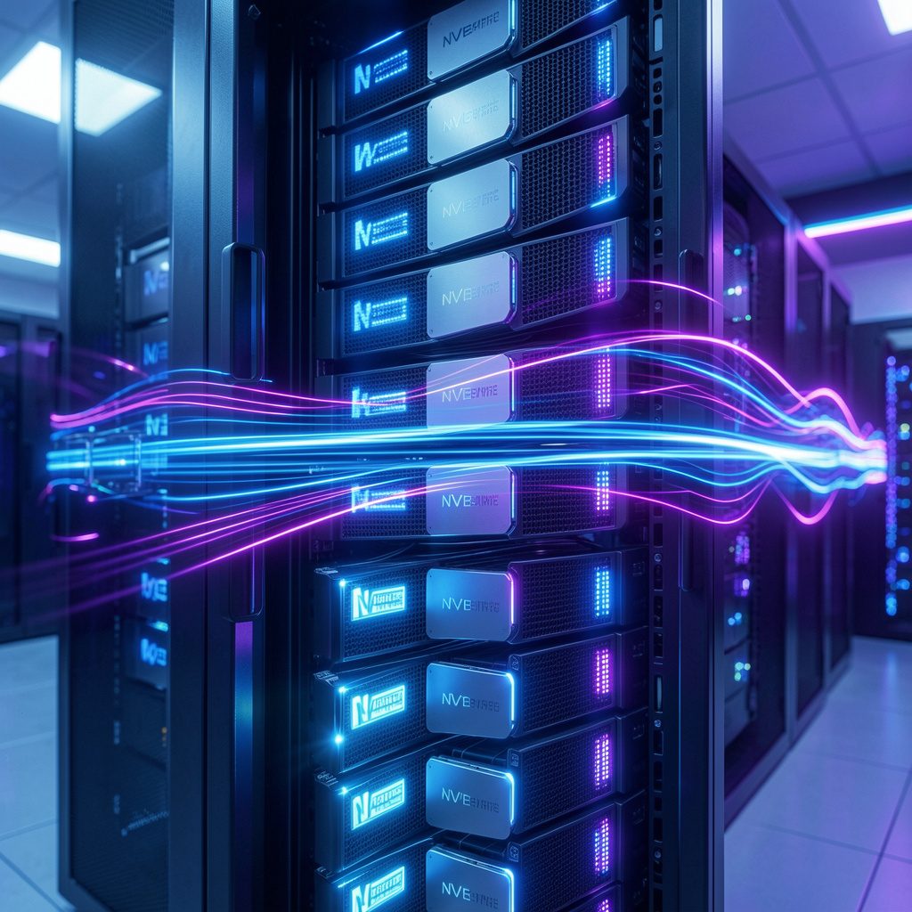 Serverrack met NVMe-opslagmodules en snelle datastromen
