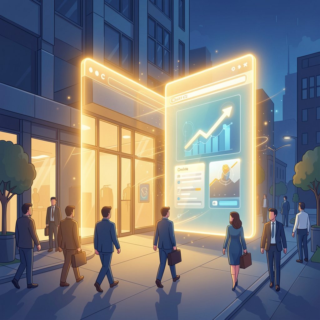 Illustratie van ondernemers die een lichtgevende website-etalage binnenstappen