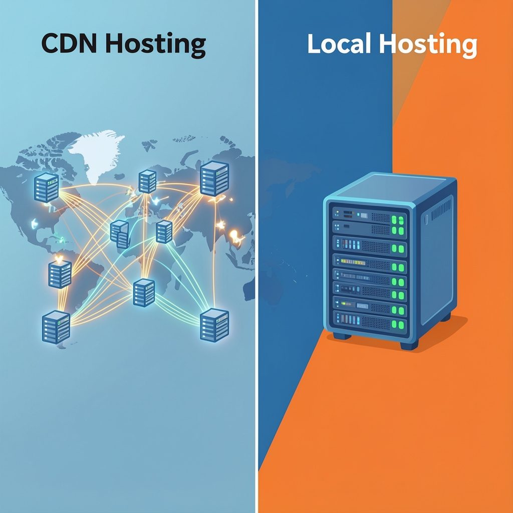 Vergelijking tussen CDN hosting en lokale hosting met een wereldkaart en serverkast