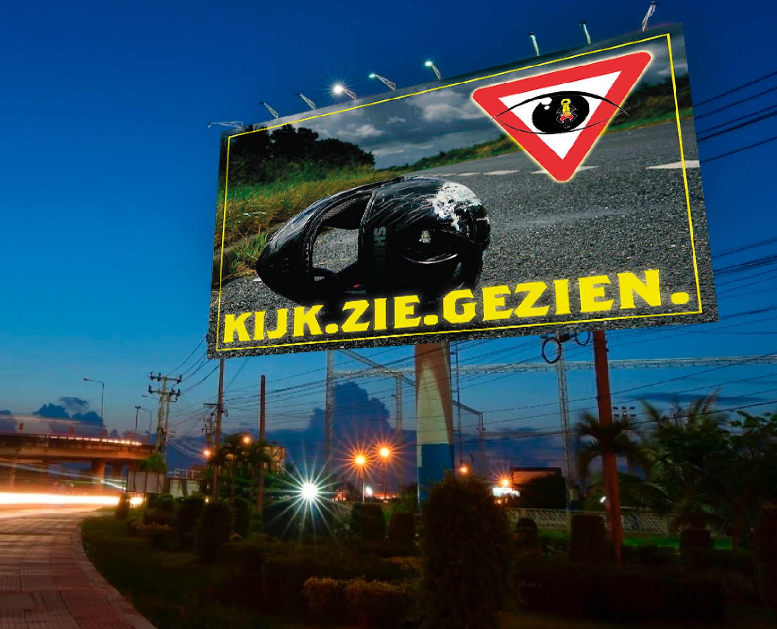 Reclamebord langs de weg met de verkeersveiligheidscampagne Kijk! Zie! Gezien!