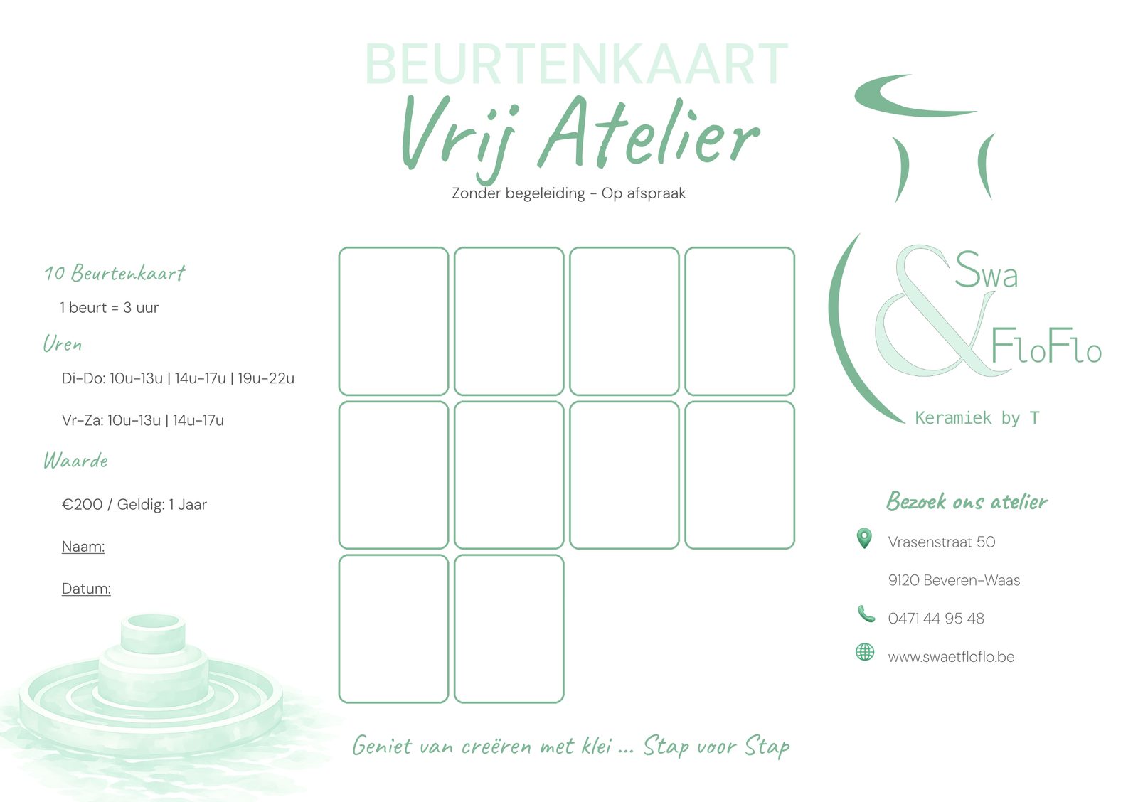 Beurtenkaart voor het vrij atelier bij Swa & FloFlo Keramiek